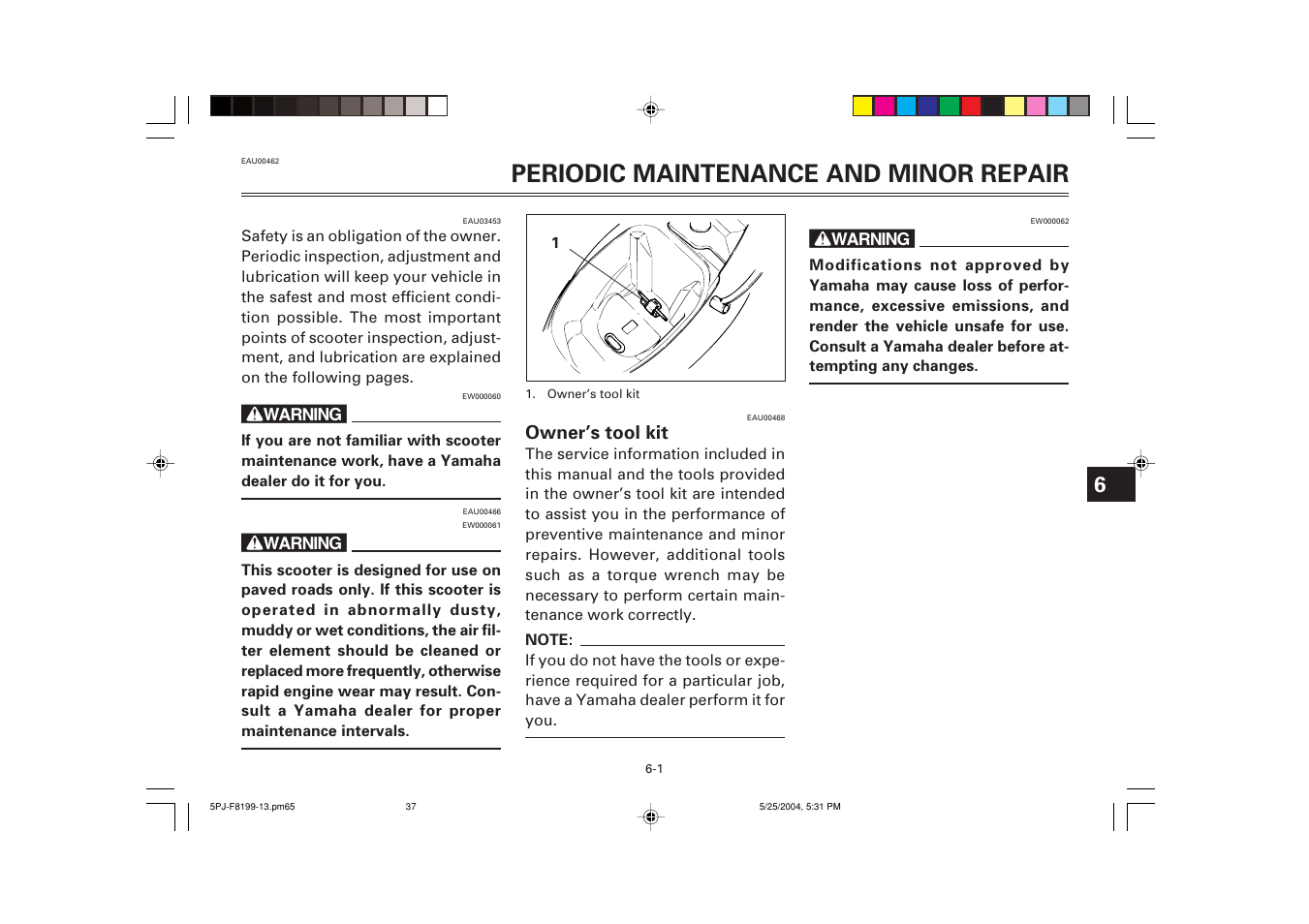 Periodic maintenance and minor repair, Owner's tool kit, Owner’s tool kit | Yamaha YW50T User Manual | Page 38 / 77