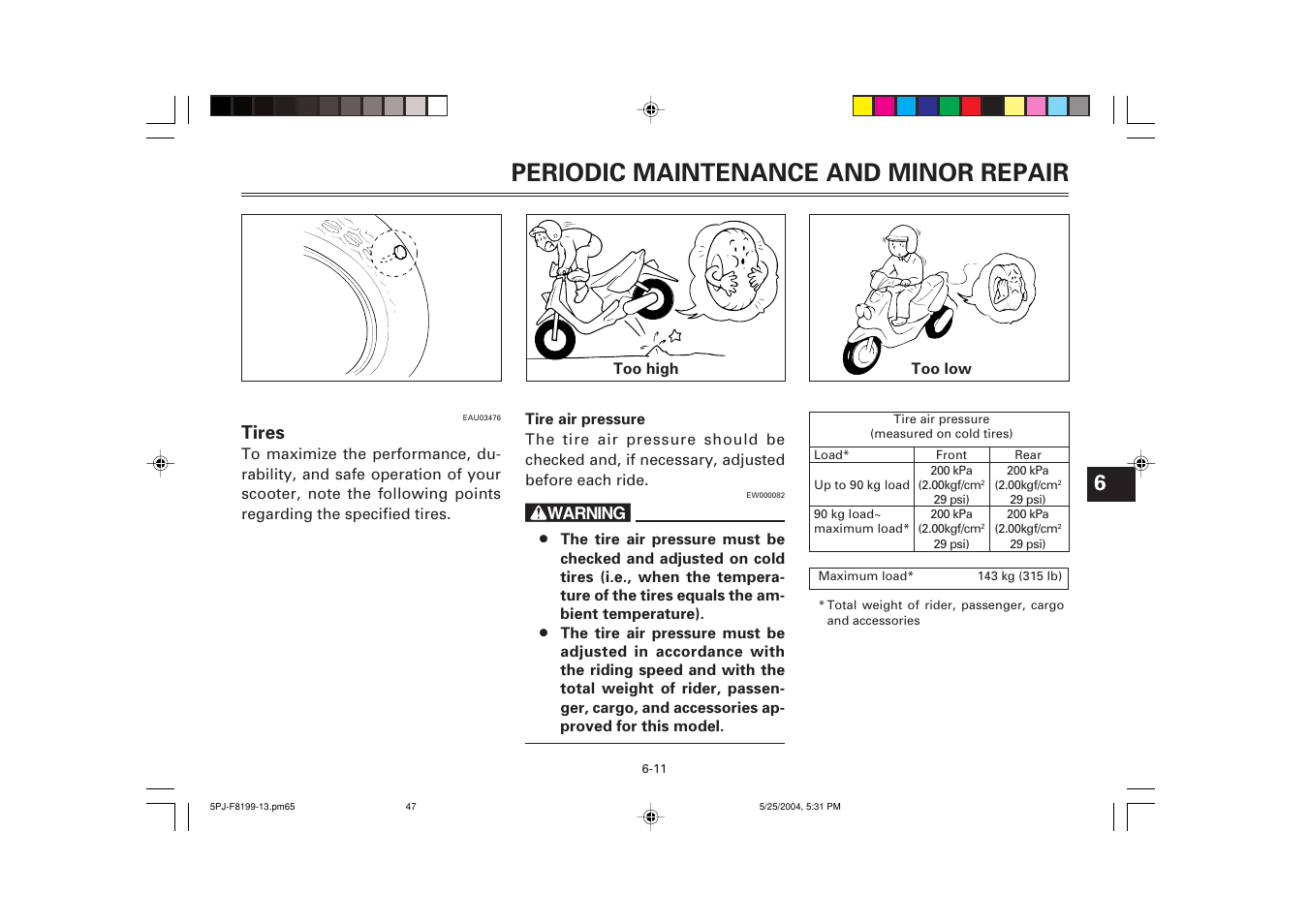 Tires, Periodic maintenance and minor repair | Yamaha YW50T User Manual | Page 48 / 77