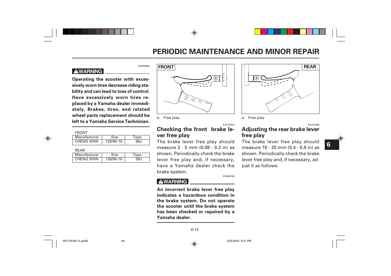 Checking the front brake lever free play, Adjusting the rear brake lever free play, Periodic maintenance and minor repair | Yamaha YW50T User Manual | Page 50 / 77