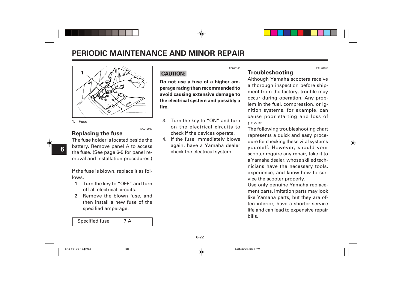 Troubleshooting, Periodic maintenance and minor repair | Yamaha YW50T User Manual | Page 59 / 77