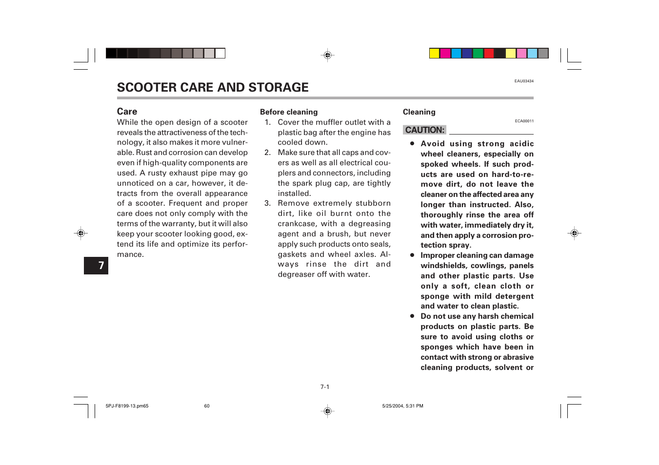 Scooter care and storage, Care | Yamaha YW50T User Manual | Page 61 / 77