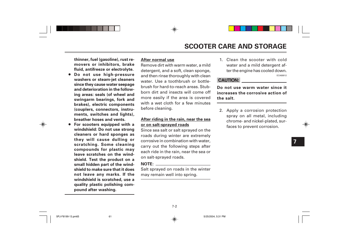 Scooter care and storage | Yamaha YW50T User Manual | Page 62 / 77