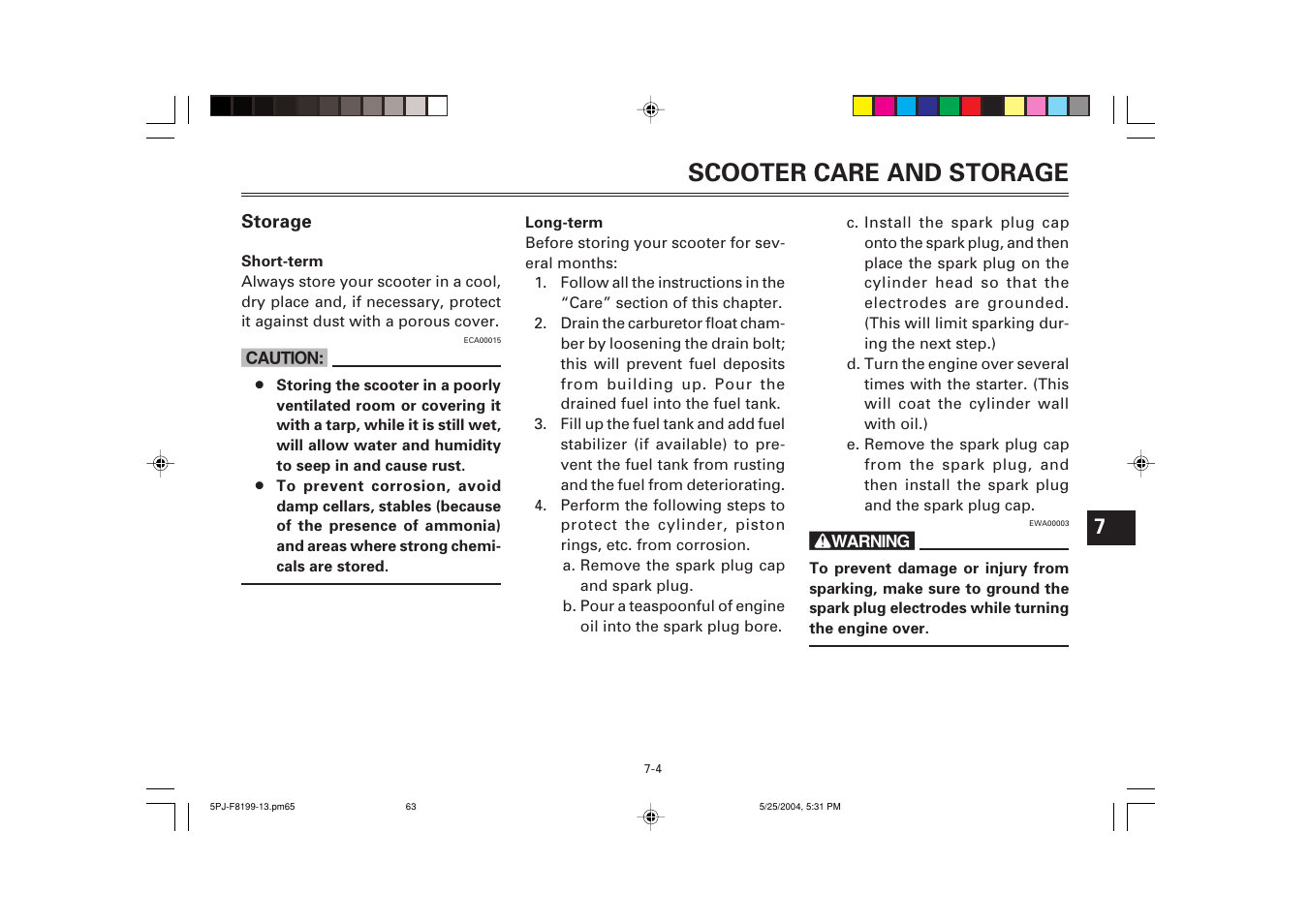 Storage, Scooter care and storage | Yamaha YW50T User Manual | Page 64 / 77