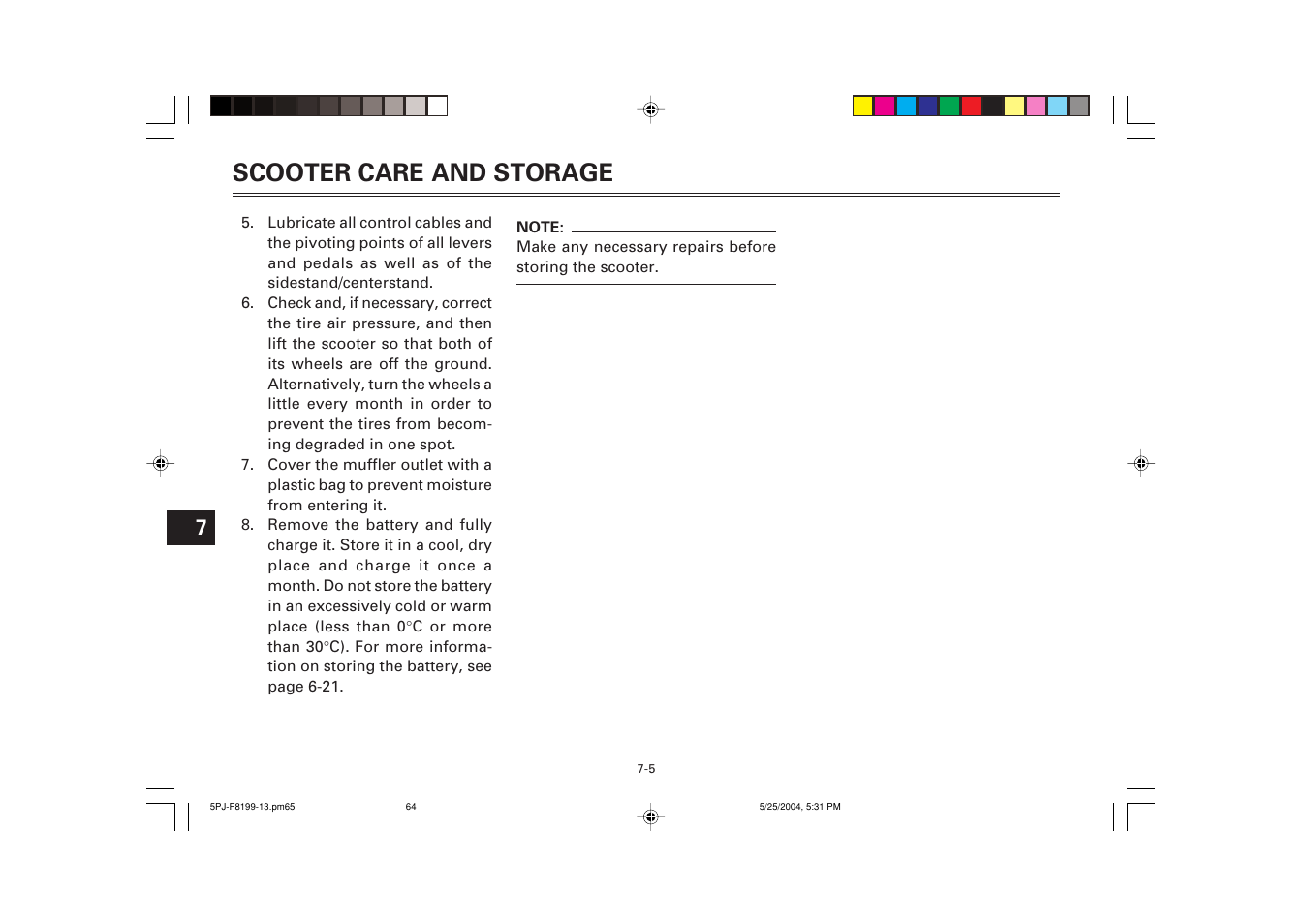 Scooter care and storage | Yamaha YW50T User Manual | Page 65 / 77