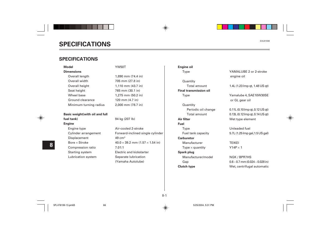 Specifications | Yamaha YW50T User Manual | Page 66 / 77