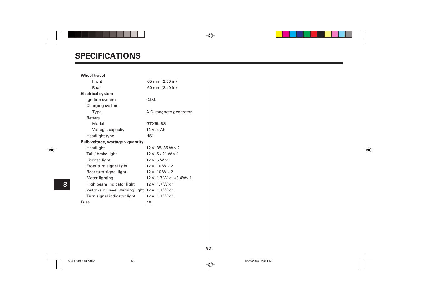 Specifications | Yamaha YW50T User Manual | Page 68 / 77