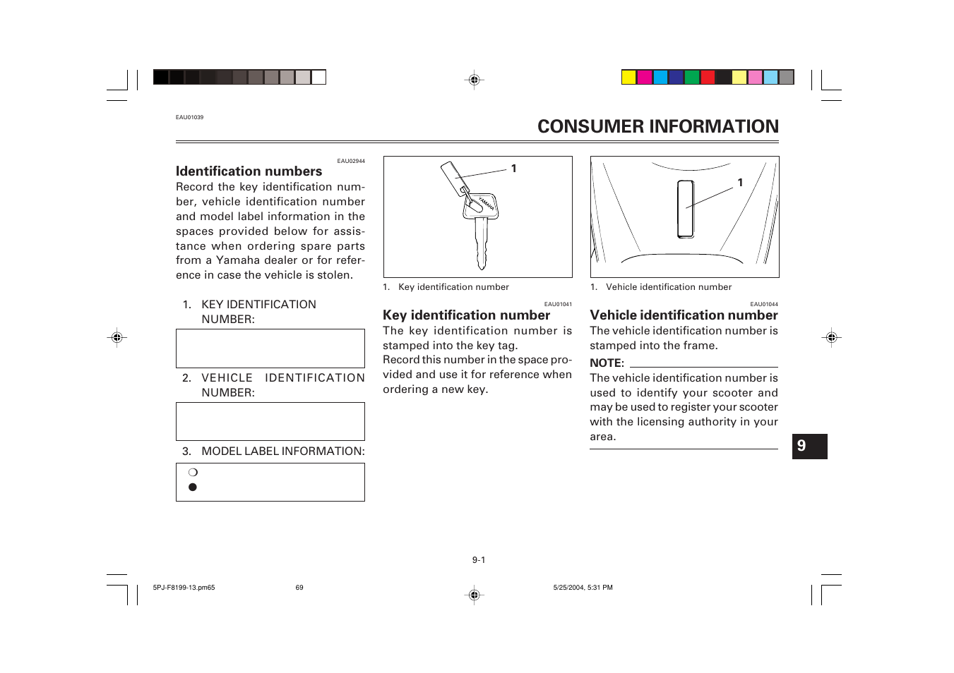 Consumer information, Identification numbers | Yamaha YW50T User Manual | Page 69 / 77