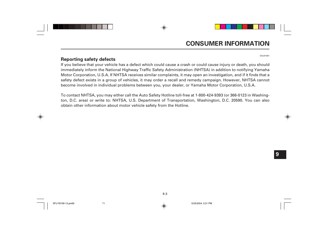 Reporting safety defects, Consumer information | Yamaha YW50T User Manual | Page 71 / 77