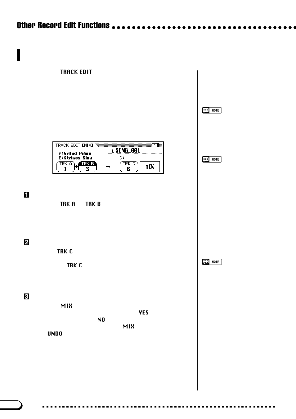 Track edit, Other record edit functions, Track mix (track edit page 1) | Zspecify the two tracks to be mixed, Xspecify the destination track, Cexecute the track mix operation | Yamaha CVP-103M  EN User Manual | Page 128 / 178