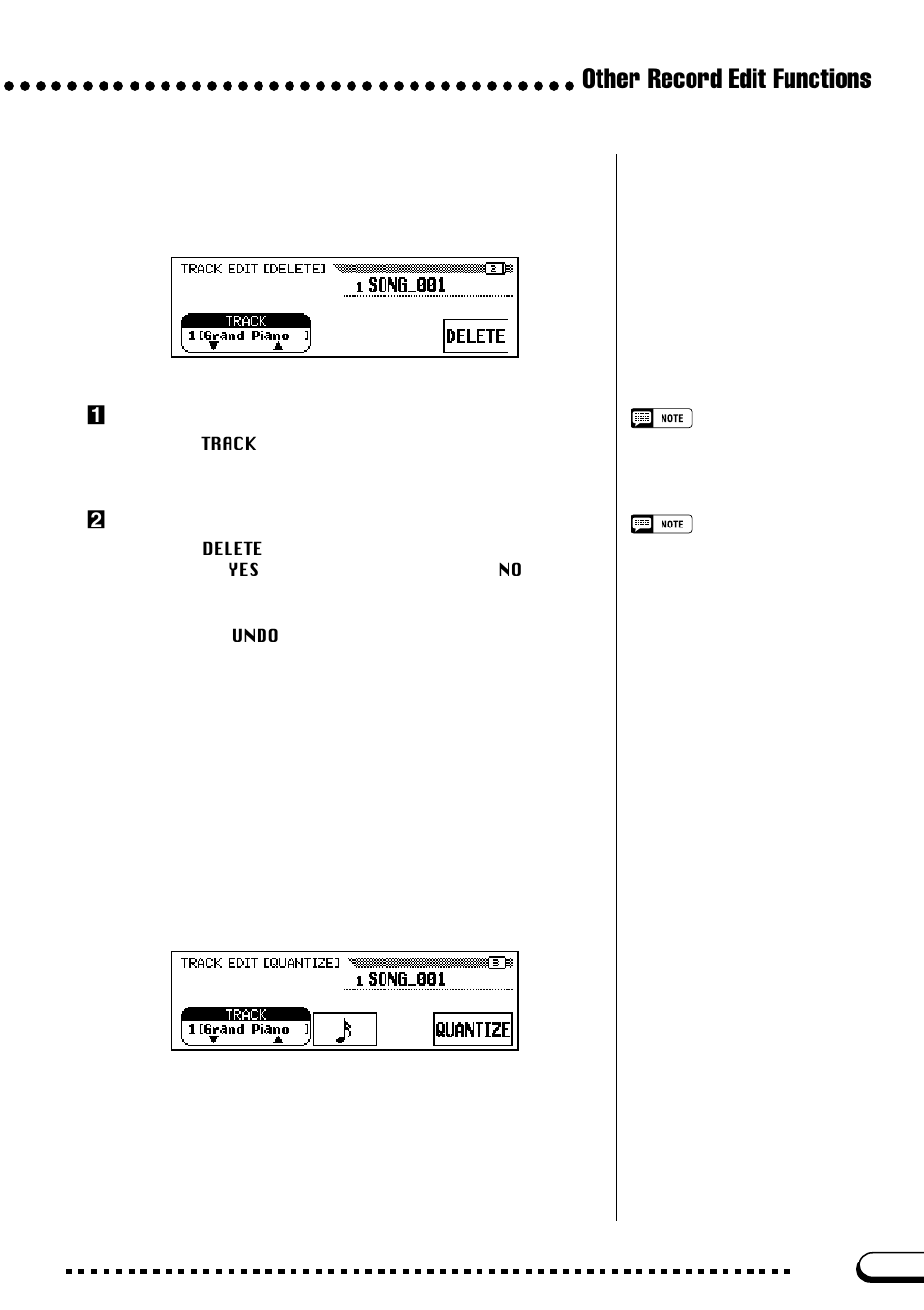 Other record edit functions, Track delete (track edit page 2), Track quantize (track edit page 3) | Yamaha CVP-103M  EN User Manual | Page 129 / 178