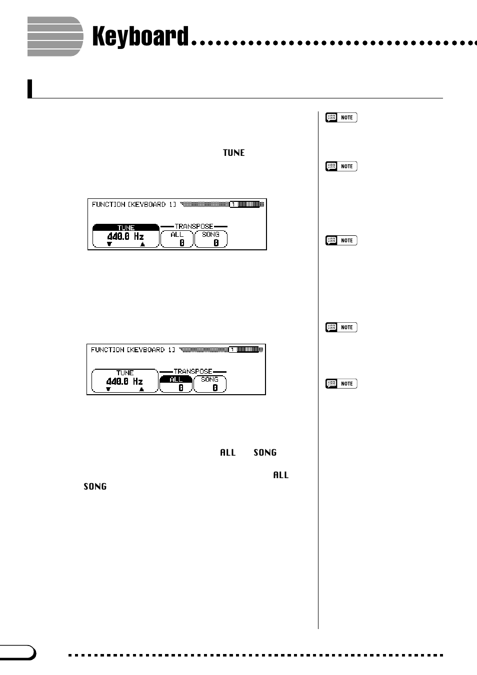 Keyboard, Chapter 8, The utility functions | Function [keyboard 1] display — page 1, Tune, Transpose | Yamaha CVP-103M  EN User Manual | Page 136 / 178