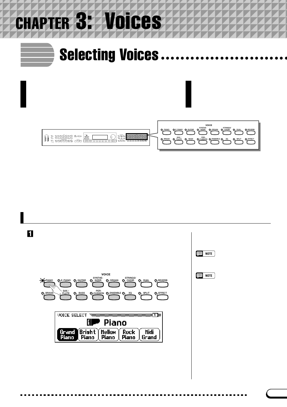 Chapter 3: voices, Selecting voices, Selecting a voice from the voice select display | Chapter 3, Voices, Chapter, Select the voice group | Yamaha CVP-103M  EN User Manual | Page 29 / 178