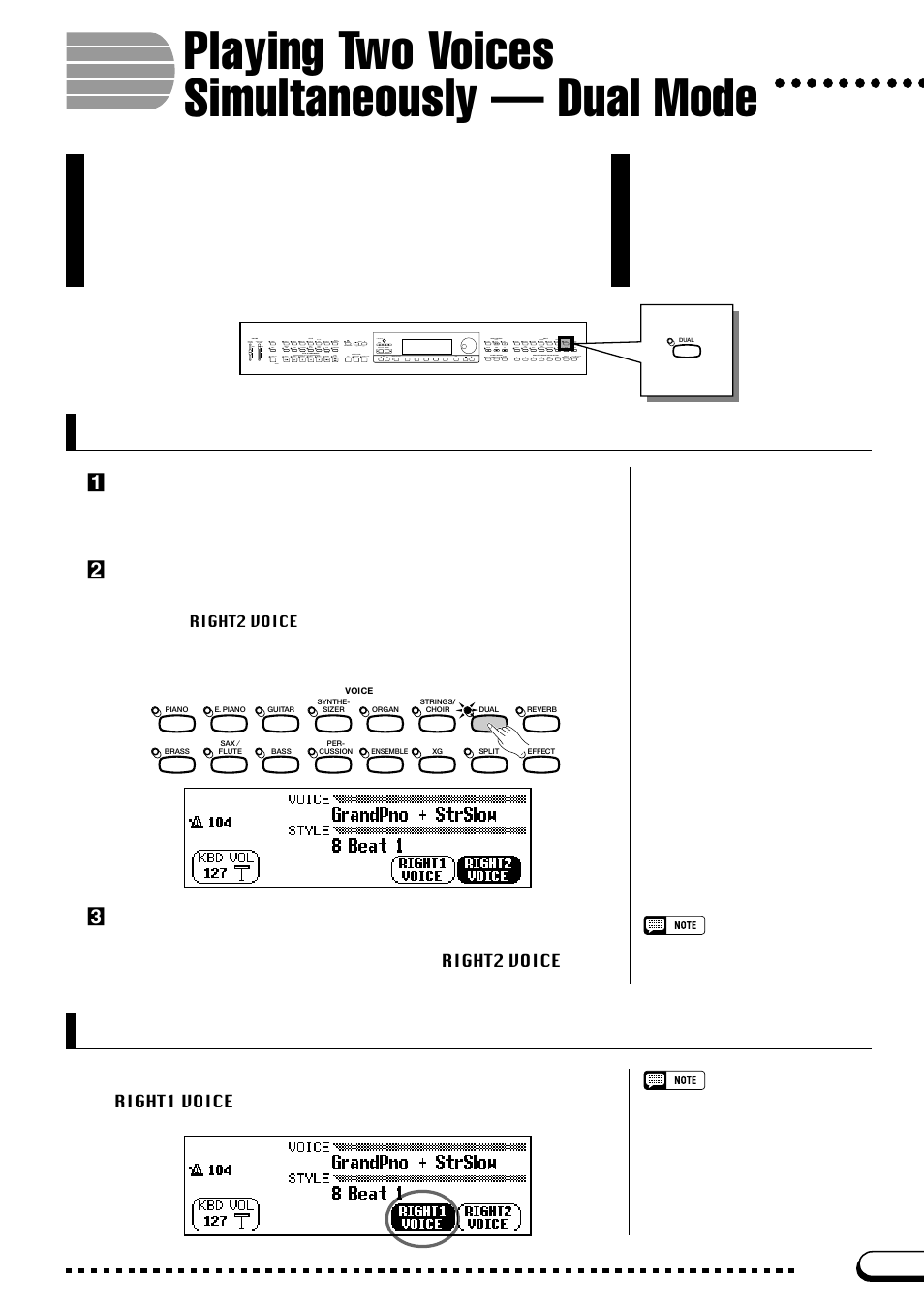 Playing two voices simultaneously ﾑ dual mode, Selecting the second voice, Changing the main voice in dual mode | Playing two voices simultaneously — dual mode, Zselect the main voice, Xcall up the dual mode, Cselect the second voice | Yamaha CVP-103M  EN User Manual | Page 33 / 178