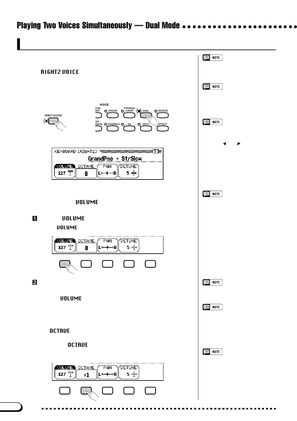 Playing two voices simultaneously — dual mode, Displaying the second voice keyboard settings, Setting the volume of the second voice | Setting the octave of the second voice | Yamaha CVP-103M  EN User Manual | Page 34 / 178