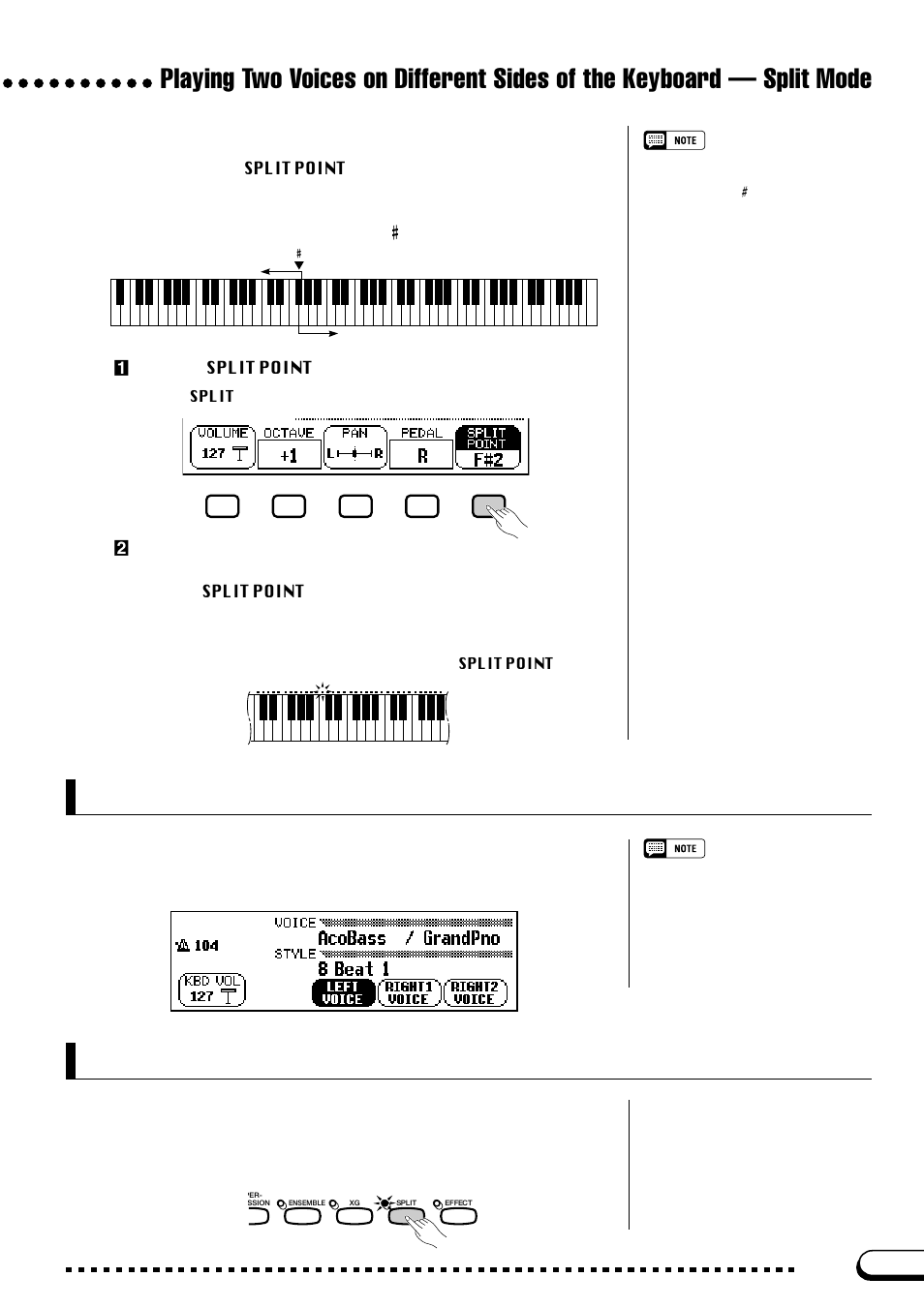 Using the dual and split functions simultaneously, Exiting the split mode, Changing the split point | Yamaha CVP-103M  EN User Manual | Page 39 / 178