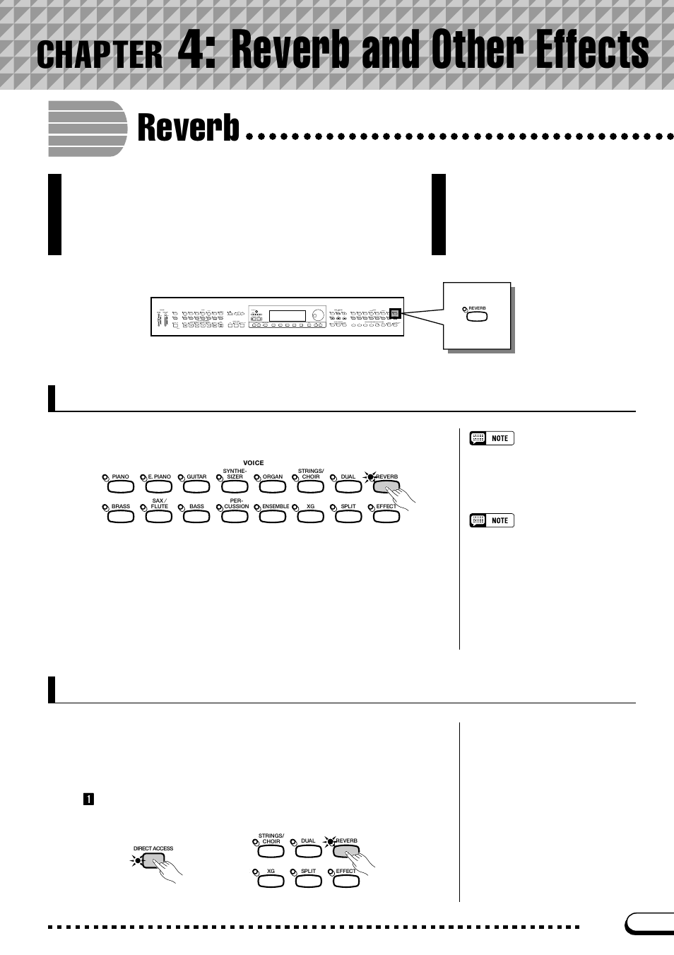 Chapter 4: reverb and other effects, Reverb, Turning the reverb on or off | Changing the reverb settings, Chapter 4, Reverb and other effects, Chapter, Displaying the reverb settings | Yamaha CVP-103M  EN User Manual | Page 41 / 178