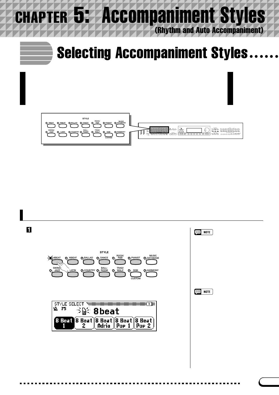 Selecting accompaniment styles, Selecting a style, Chapter 5 | Accompaniment styles, Rhythm and auto accompaniment), Chapter, Zselect an accompaniment style group | Yamaha CVP-103M  EN User Manual | Page 49 / 178