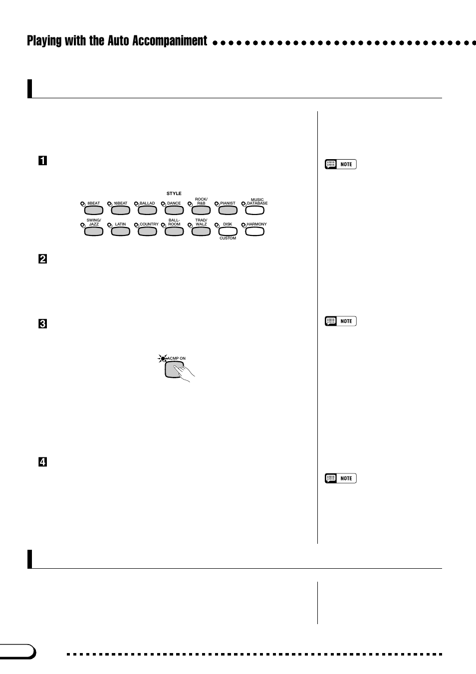 Starting the auto accompaniment, Stopping the auto accompaniment, Playing with the auto accompaniment | Zselect a style, Xset the tempo and accompaniment volume, Cturn on the auto accompaniment, Vstart the auto accompaniment, Select the desired style. (see page 49.) | Yamaha CVP-103M EN User Manual | Page 58 / 178