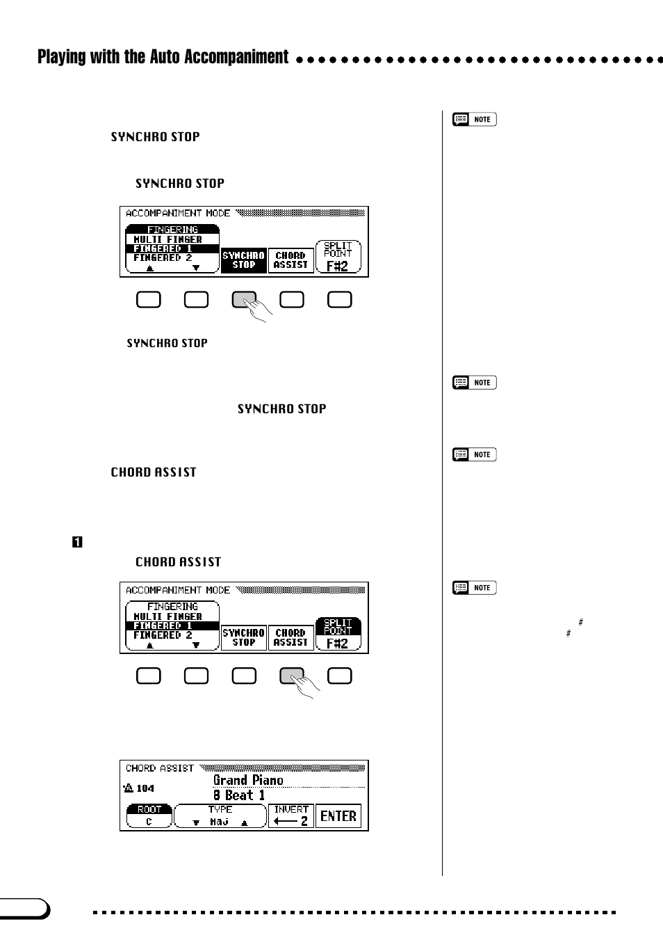 Playing with the auto accompaniment, Using the synchronized stop function, Getting help with chords | Yamaha CVP-103M  EN User Manual | Page 62 / 178