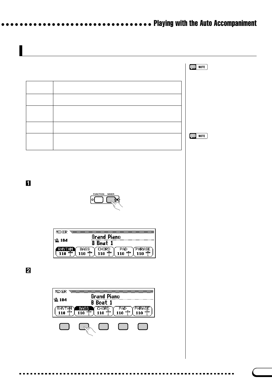 Adjusting individual part levels, Playing with the auto accompaniment, Zpress the [mixer] button | Xselect a part | Yamaha CVP-103M  EN User Manual | Page 65 / 178
