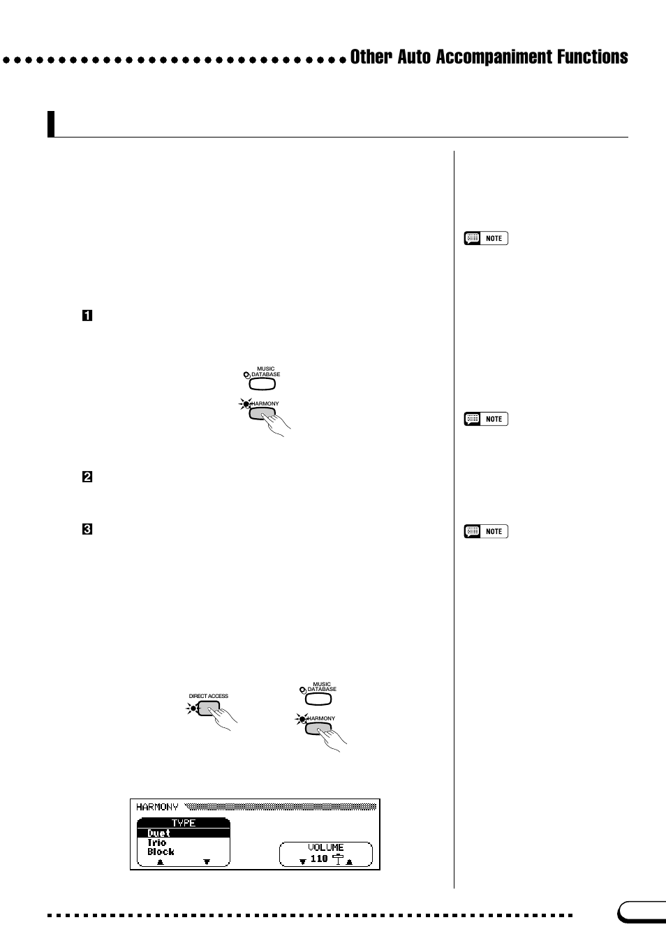 Harmony, Other auto accompaniment functions, Adding harmony | Displaying the harmony settings | Yamaha CVP-103M  EN User Manual | Page 69 / 178