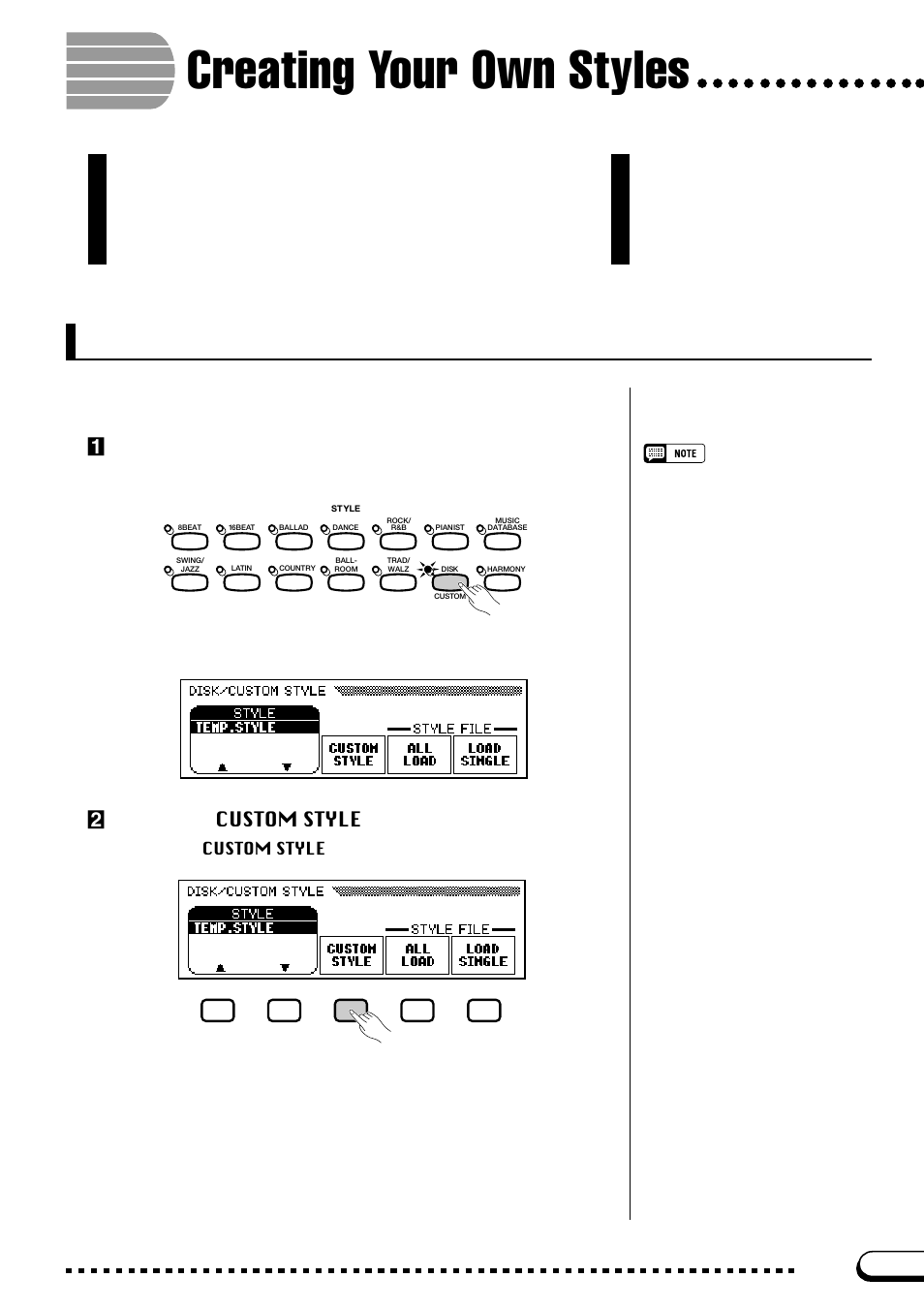 Creating your own styles, Recording a custom style, Zselect the disk/custom style group | Xselect the custom style function, Press the [disk/custom] button, Press the custom style button | Yamaha CVP-103M  EN User Manual | Page 73 / 178