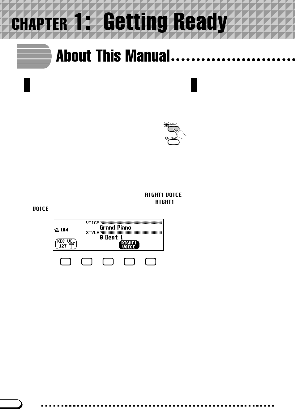 Chapter 1: getting ready, About this manual, Chapter 1 | Getting ready, Chapter | Yamaha CVP-103M  EN User Manual | Page 8 / 178