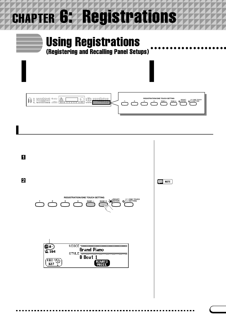 Chapter 6: registrations, Storing a panel setup, Chapter 6 | Registrations, Using registrations, Chapter, Registering and recalling panel setups), Zset up the controls as needed, Xselect a registration bank | Yamaha CVP-103M  EN User Manual | Page 89 / 178