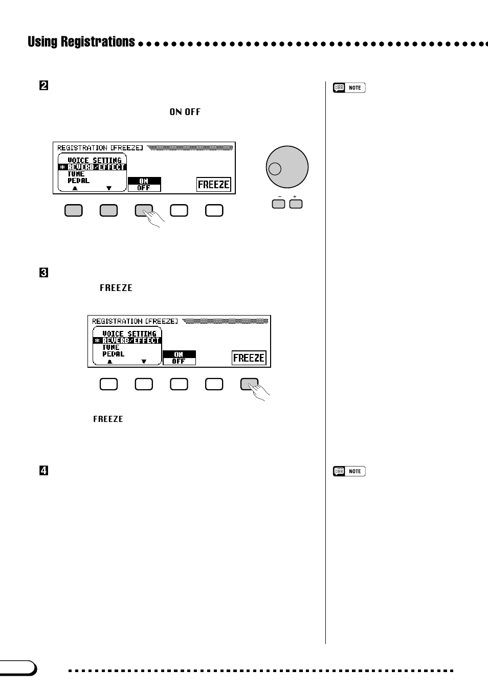 Using registrations, Xindicate the categories to be frozen, Cturn the freeze function on or off | Vexit the display | Yamaha CVP-103M  EN User Manual | Page 92 / 178