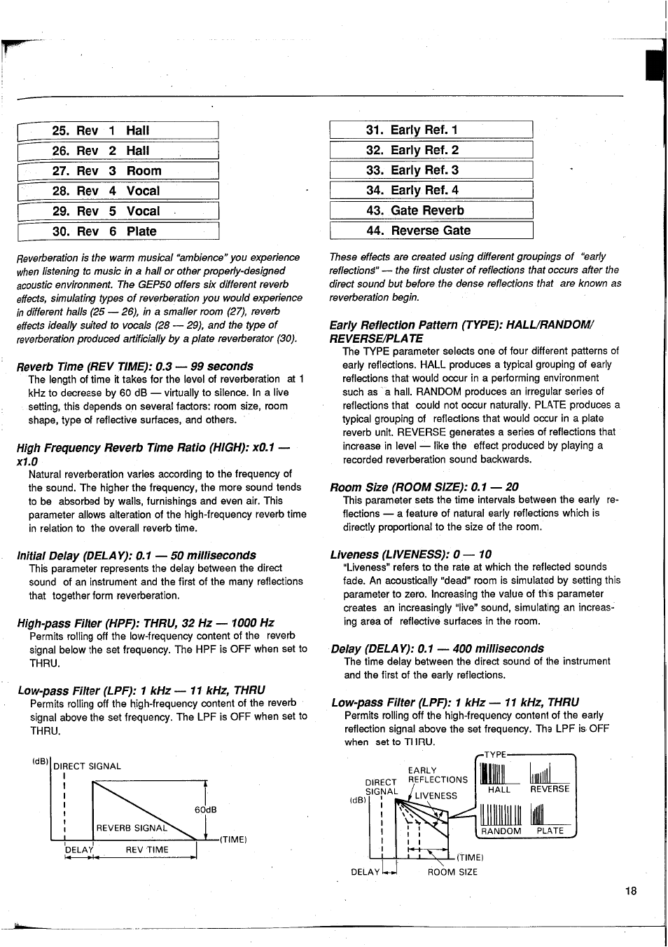 Early ref. 1, Early ref. 2, Early ref. 3 | Early ref. 4, Gate reverb, Reverse gate, Gate reverb 44. reverse gate | Yamaha GEP50 User Manual | Page 17 / 100