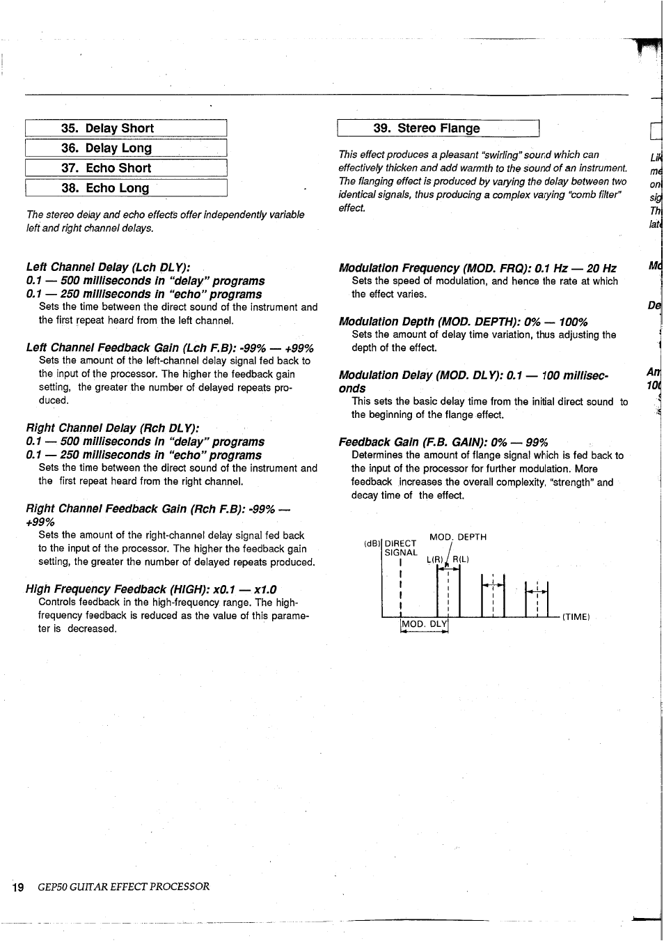 Delay short, Delay long, Echo short | Echo long, Stereo flange, Left channel delay (lch dly), 1 — 500 milliseconds in “delay” programs, 1 — 250 milliseconds in “echo” programs, Left channel feedback gain (lch f.b): -99% — +99, Right channel delay (rch dly) | Yamaha GEP50 User Manual | Page 18 / 100