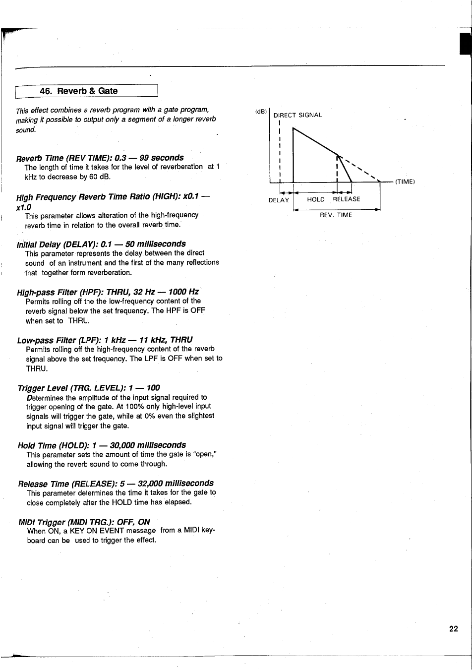 Reverb & gate, Reverb time (rev time): 0.3 — 99 seconds, Initial delay (delay): 0.1—50 milliseconds | High-pass filter (hpf): thru, 32 hz — woo hz, Low-pass filter (lpf): 1 khz— 11 khz, thru, Trigger level (trg. level): 1 — 100, Hold time (hold): 1 — 30,000 milliseconds, Release time (release): 5 — 32,000 milliseconds, Midi trigger (midi trg.): off, on, Rev & gate | Yamaha GEP50 User Manual | Page 21 / 100