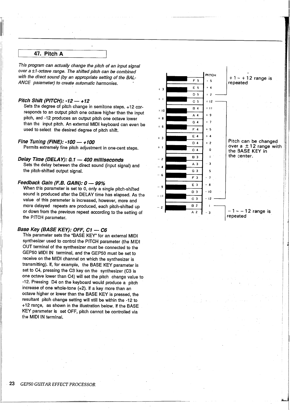 Pitch a, Pitch shift (pitch): -12 —+12, Fine tuning (fine): -100 | Deiay time (delay): 0.1, Feedback gain (f.b. gain): 0, Base key (base key): off, cl — c6 | Yamaha GEP50 User Manual | Page 22 / 100