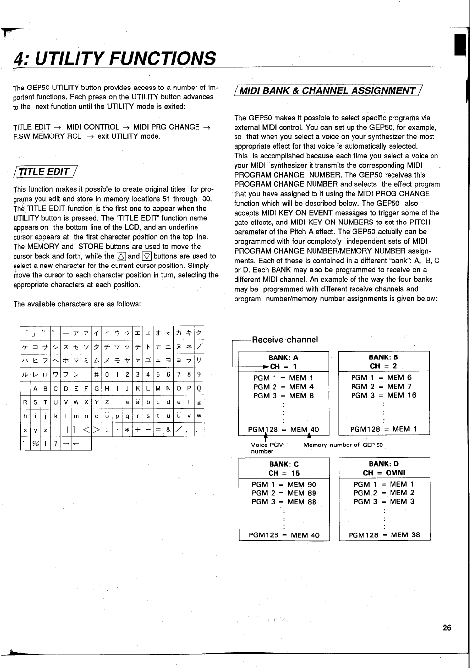 Utility functions, Title edit i, Midi bank & channel assignmet | Title edit midi bank & channel assignment, Edit i, Receive channel | Yamaha GEP50 User Manual | Page 25 / 100