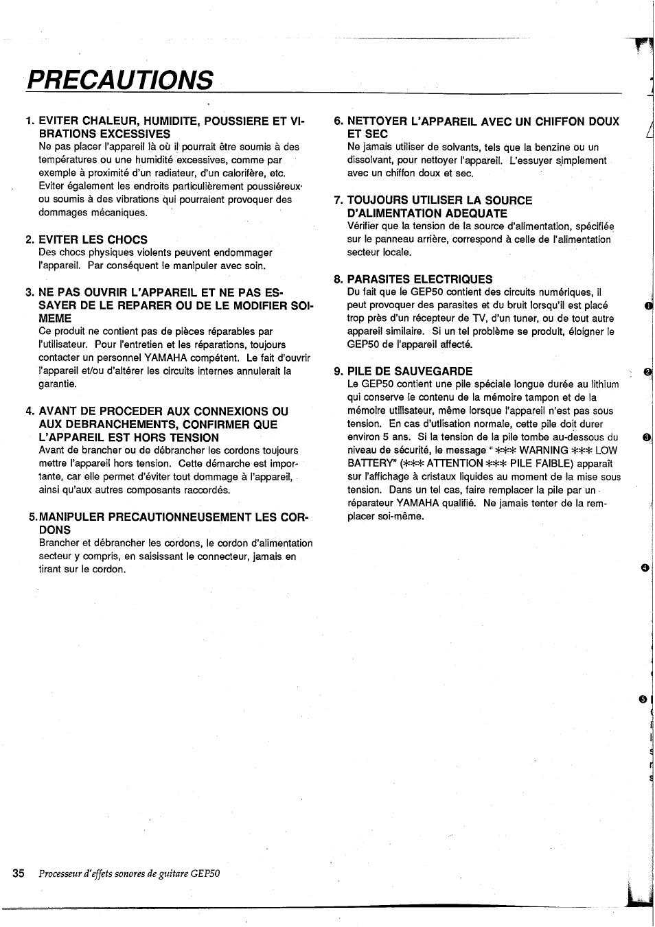 Precautions | Yamaha GEP50 User Manual | Page 34 / 100