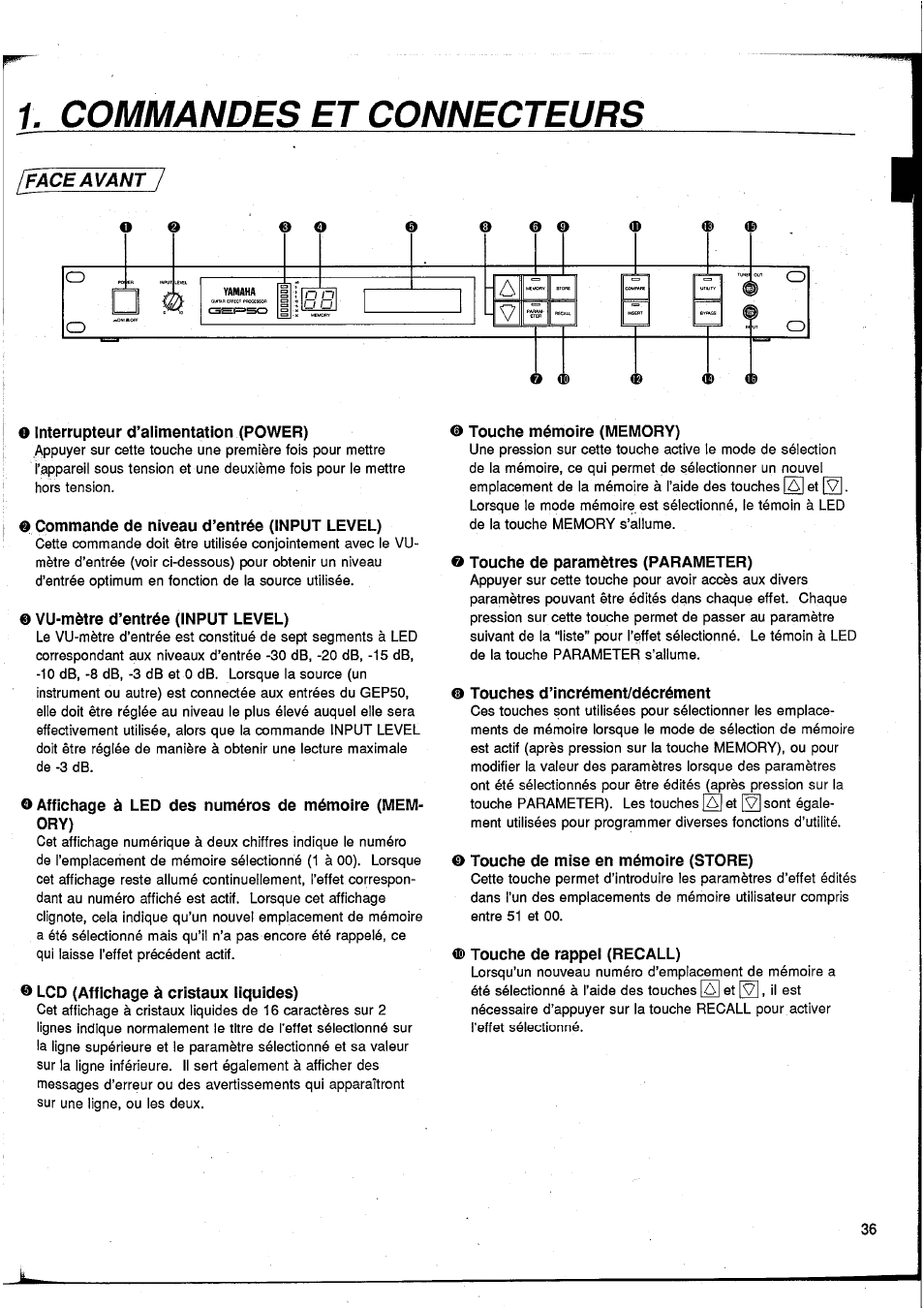 Commandes et connecteurs, Faceavant, Face | Avant | Yamaha GEP50 User Manual | Page 35 / 100