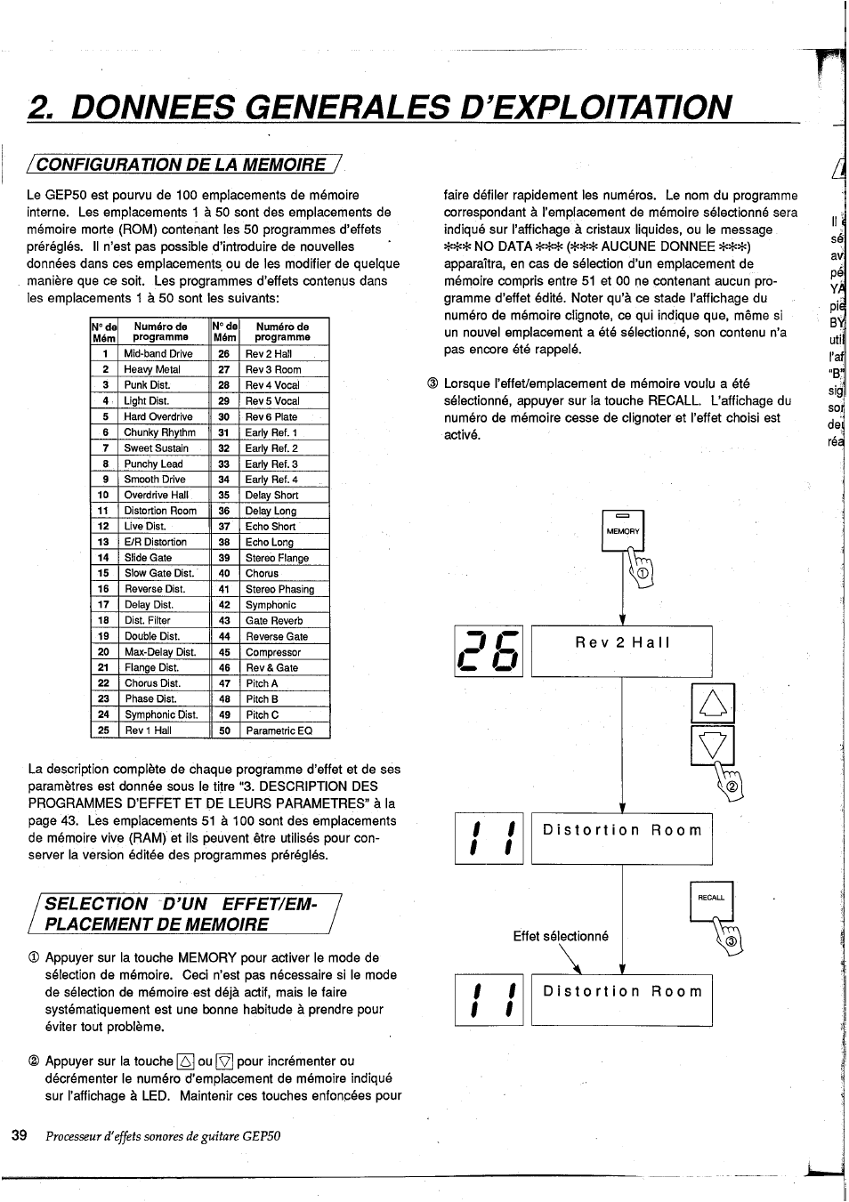 Donnees generales d’exploitation, Configuration de la memoire, Selection d’un effet/em- l^laçm/bitdej | Yamaha GEP50 User Manual | Page 38 / 100