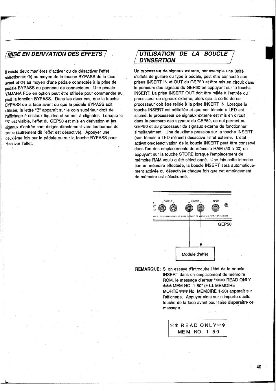 Pse en derivation des effetsl, Utilisation de la boucle l_d1nsert!0n, Mise en derivation des effets | Yamaha GEP50 User Manual | Page 39 / 100