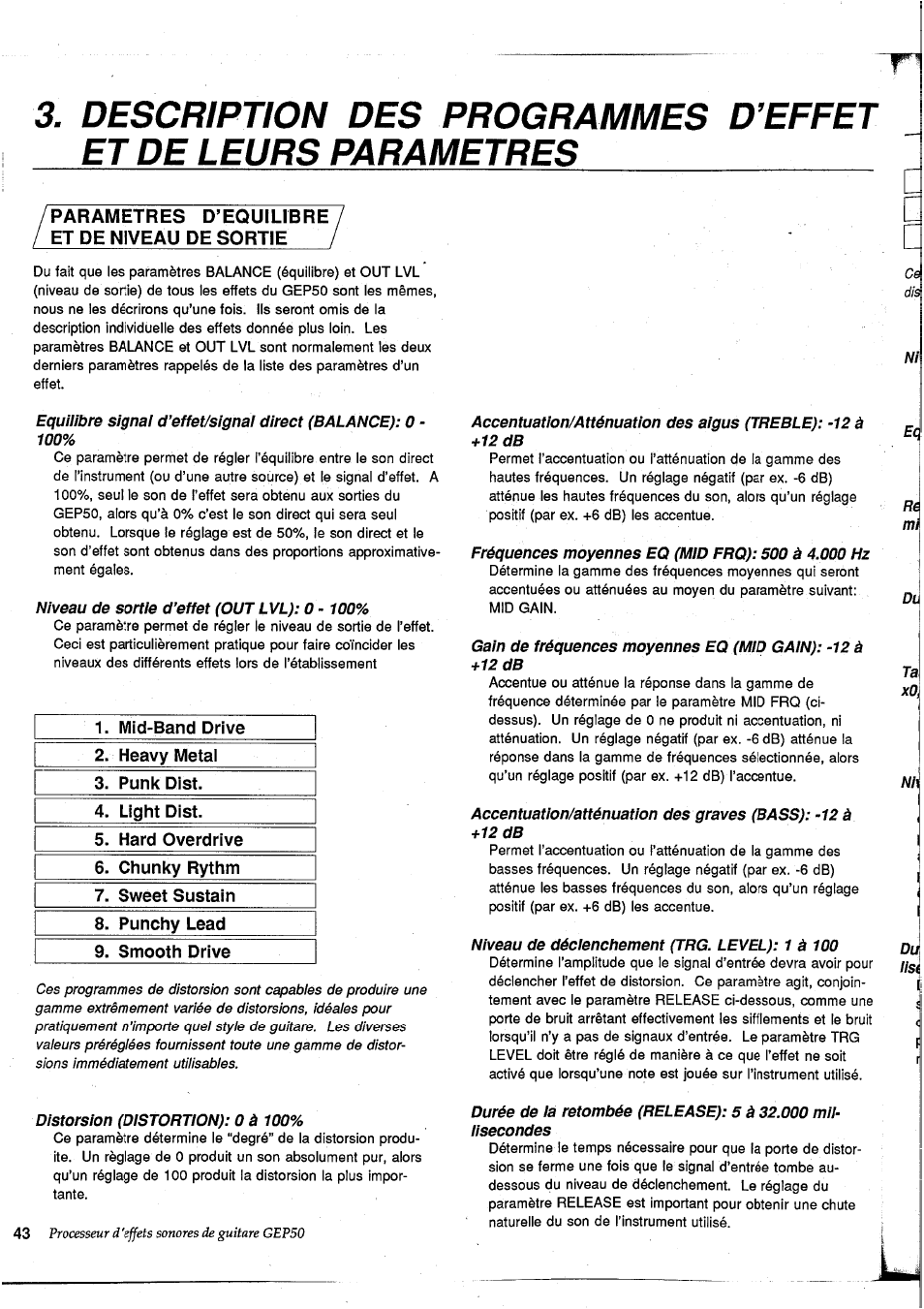 Parametres d’equilibre, Et de niveau de sortie, Niveau de sortie d’effet (out lvl): o -100 | Mid-band drive, Heavy melai, Punk disi, Light disi, Hard overdrive, Chunky rythm, Sweet sustain | Yamaha GEP50 User Manual | Page 42 / 100