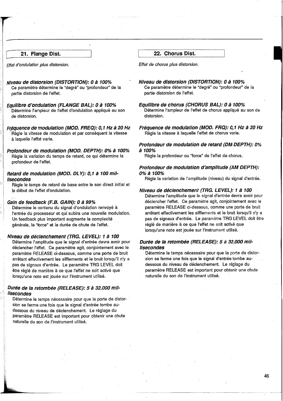 Flange dist, Chorus dist, Flange dist 22. chorus dist | Effet d'ondulation plus distorsion, Effet de chorus plus distorsion | Yamaha GEP50 User Manual | Page 45 / 100