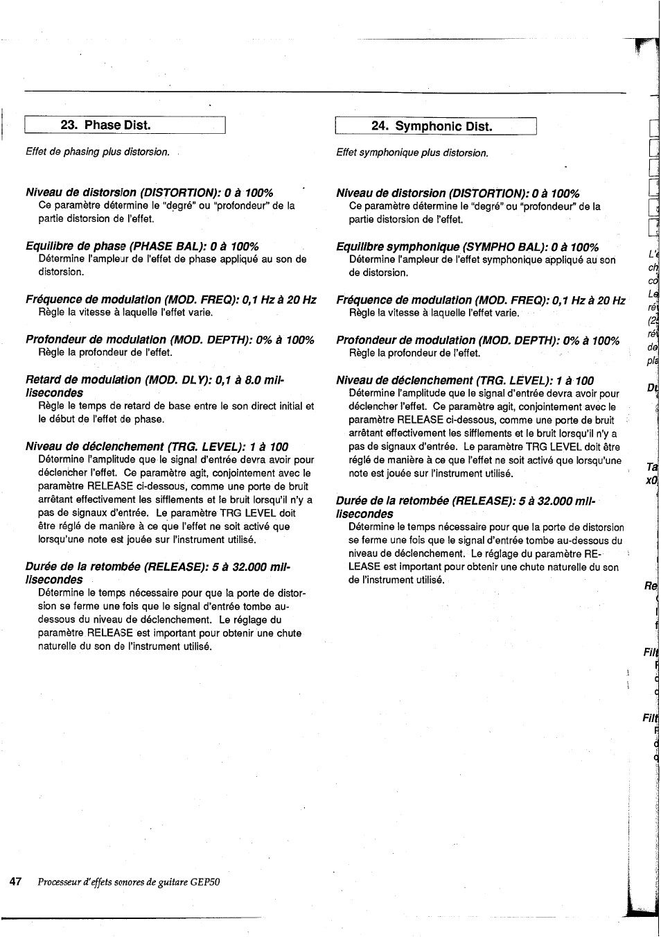 Phase dîst, Symphonic disi, Niveau de distorsion (distortion): 0 à 100 | Equiiibre de phase (phase bal): 0 à 100, Equilibre symphonique (sympho bal): 0 à 100, Profondeur de modulation (mod. depth): 0% à 100, Niveau de déclenchement (trg. level): 1 à 100, Phase dist 24. symphonic dist | Yamaha GEP50 User Manual | Page 46 / 100