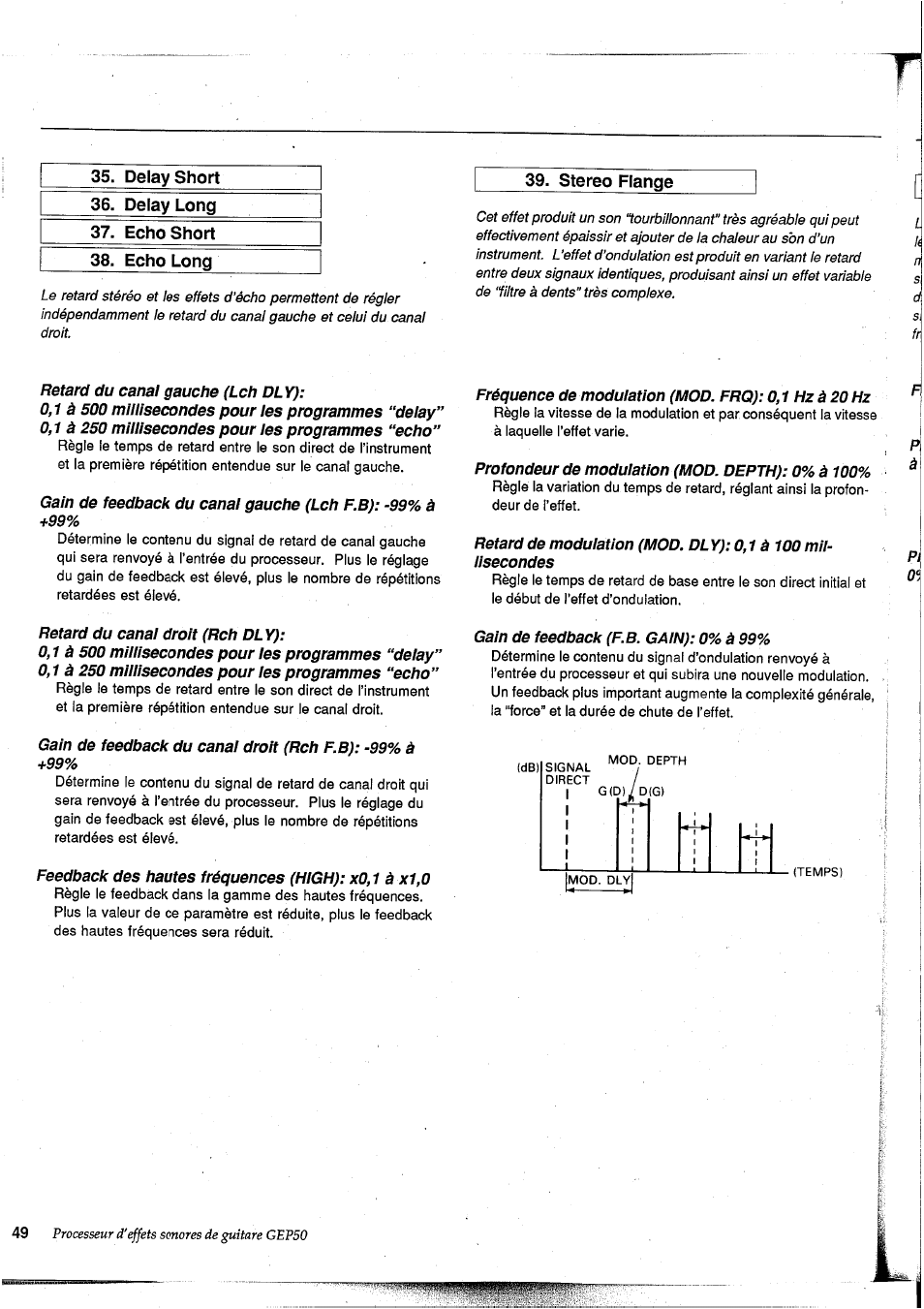 Delay short, Delay long, 37, echo short | Echo long, Stereo flange | Yamaha GEP50 User Manual | Page 48 / 100