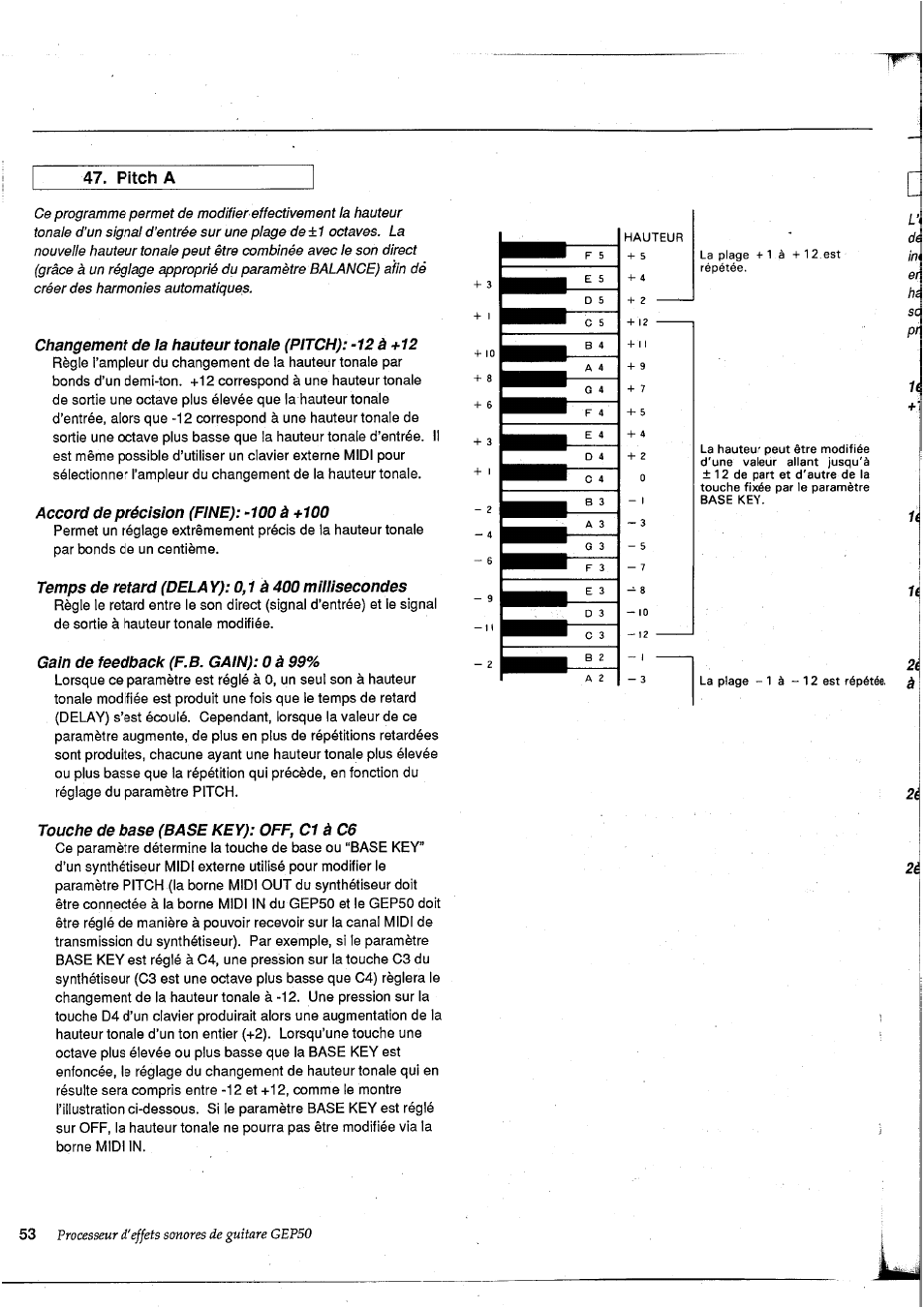 Changement de la hauteur tonale (pitch): -12 à+12, Accord de précision (fine): -100 à +100, Temps de retard (dela y): 0,1 à 400 millisecondes | Gain de feedback (f. b. gain): 0 à 99, Touche de base (base key): off, cl à c6, Pitch a | Yamaha GEP50 User Manual | Page 52 / 100