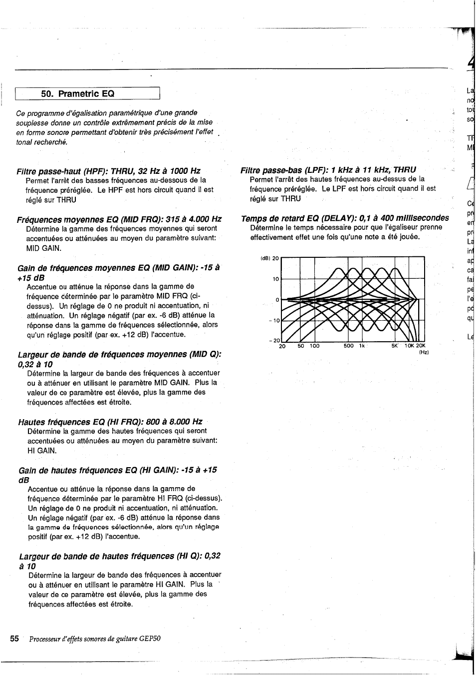 Filtre passe-haut (hpf): thru, 32 hz à 1000 hz, Fréquences moyennes eq (mid frq): 315 à 4.000 hz, Filtre passe-bas (lpf): 1 khz à 11 khz, thru | Hautes fréquences eq (hl frq): 800 à 8.000 hz | Yamaha GEP50 User Manual | Page 54 / 100