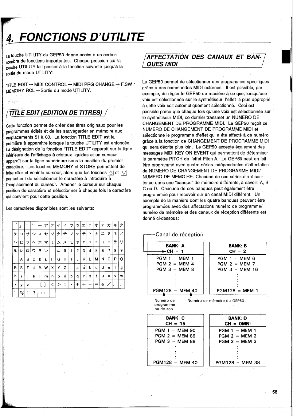 Fonctions d’utilite, Fifle edit (edition de titres), Affectation des canaux et banques midi | Affectation des canaux et ban­ ques midi | Yamaha GEP50 User Manual | Page 55 / 100