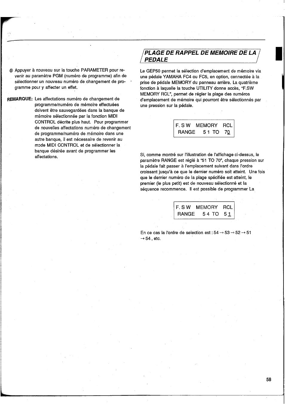 Plage de rappel de memoire de la upedaœ | Yamaha GEP50 User Manual | Page 57 / 100