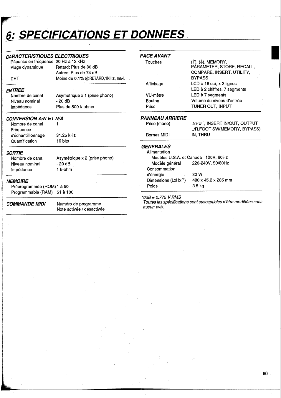 Specifications et donnees | Yamaha GEP50 User Manual | Page 59 / 100