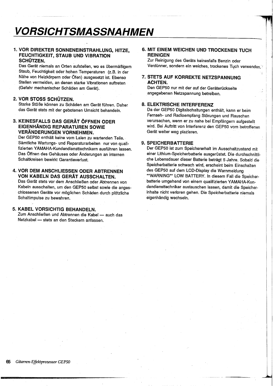 Vorsichtsmassnahmen | Yamaha GEP50 User Manual | Page 63 / 100