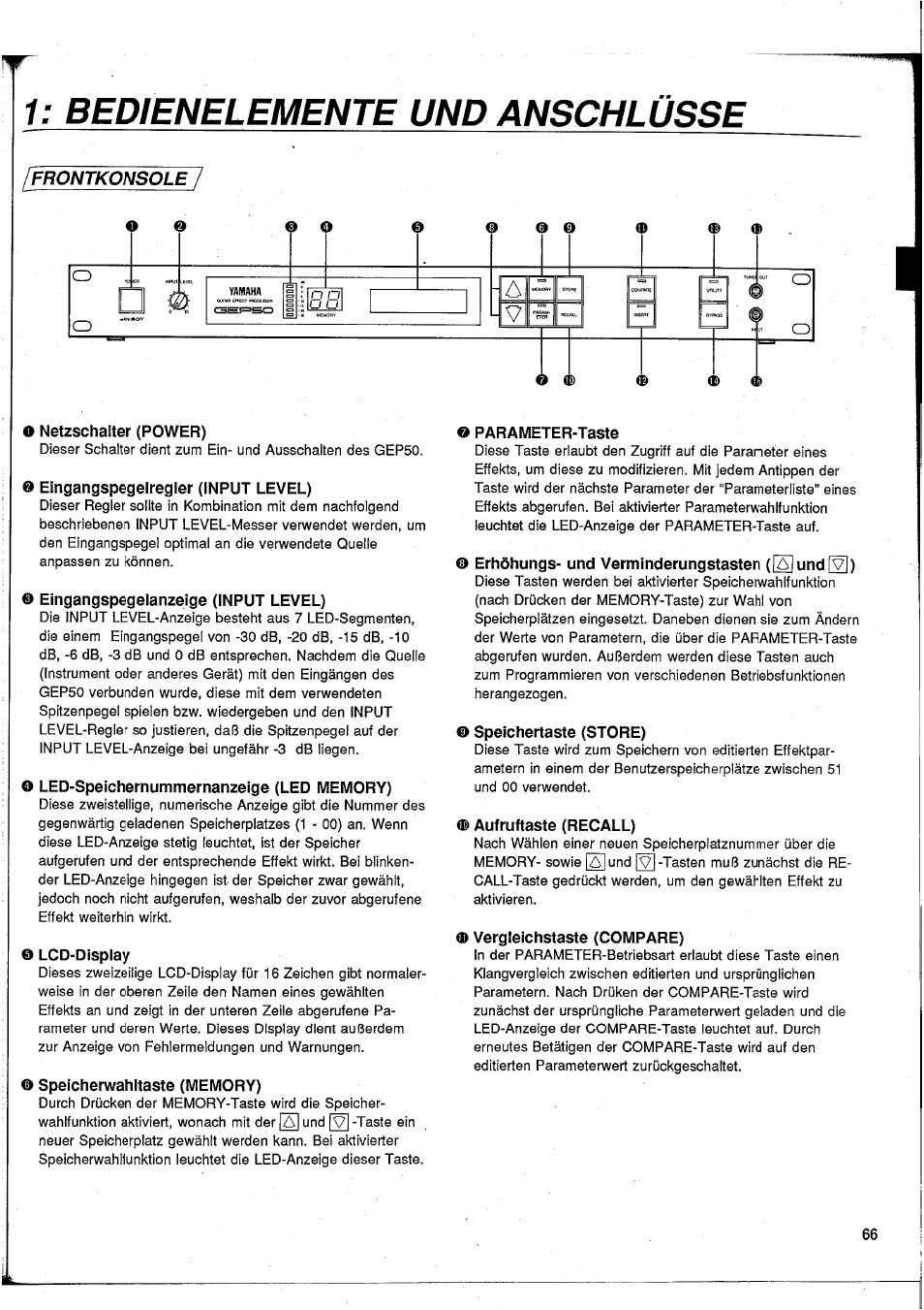 Bedienelemente und anschlüsse, Frontkonsole | Yamaha GEP50 User Manual | Page 64 / 100