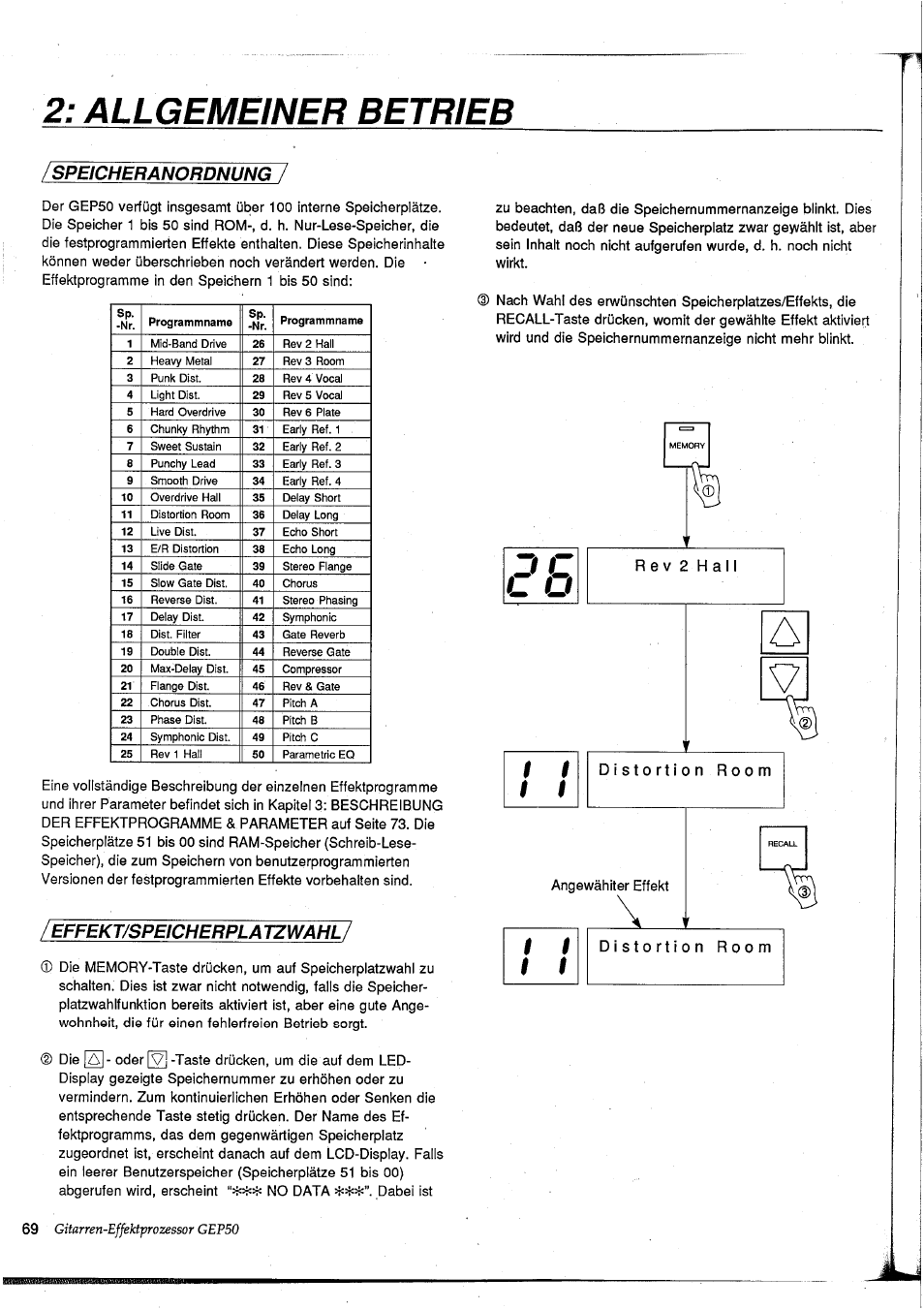 Allgemeiner betrieb, Speicheranordnun, Effekt/speicherpla tzwahl | Speicheranordnung, Effekt/speicherplatzwahl | Yamaha GEP50 User Manual | Page 67 / 100
